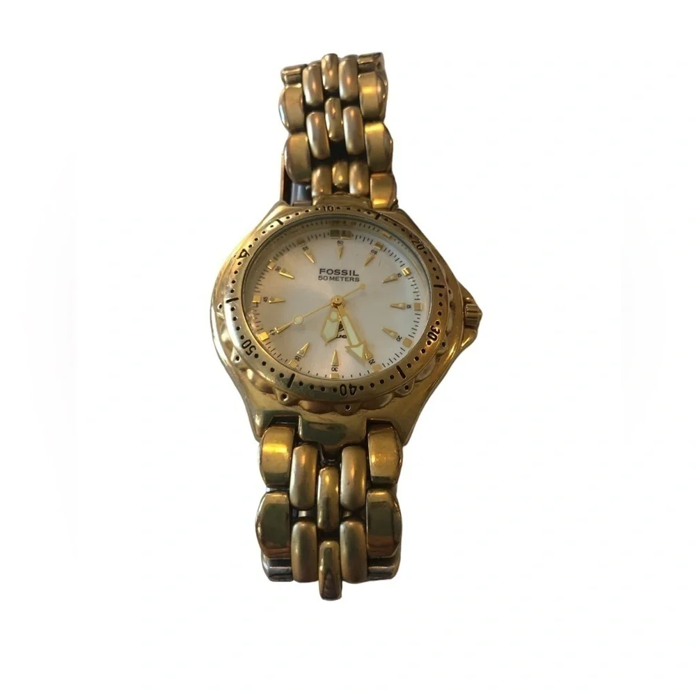 VTG Fossil Blue 50 Meters AM3117 Gold Tone Diver’s Watch Water Resistant Defect